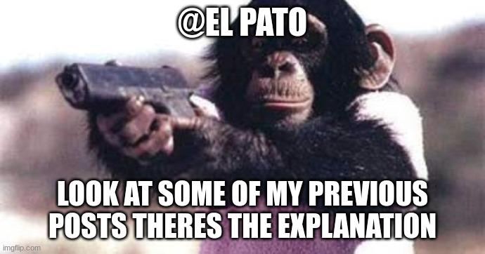 monkey crashout | @EL PATO; LOOK AT SOME OF MY PREVIOUS POSTS THERES THE EXPLANATION | image tagged in monkey crashout | made w/ Imgflip meme maker