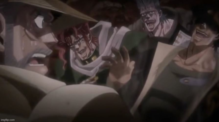 Kakyoin, Polnareff, and Jotaro laughing | image tagged in kakyoin polnareff and jotaro laughing | made w/ Imgflip meme maker