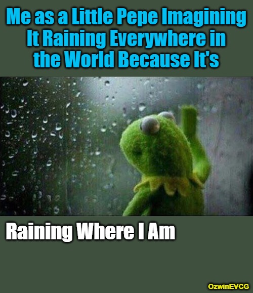 We Need the Rain and We All Get It. Then and Now. In Our Own Special Ways. | Me as a Little Pepe Imagining 

It Raining Everywhere in 

the World Because It's; Raining Where I Am; OzwinEVCG | image tagged in kermit staring out of window,childhood,pepes,memories,perspective,imagination | made w/ Imgflip meme maker