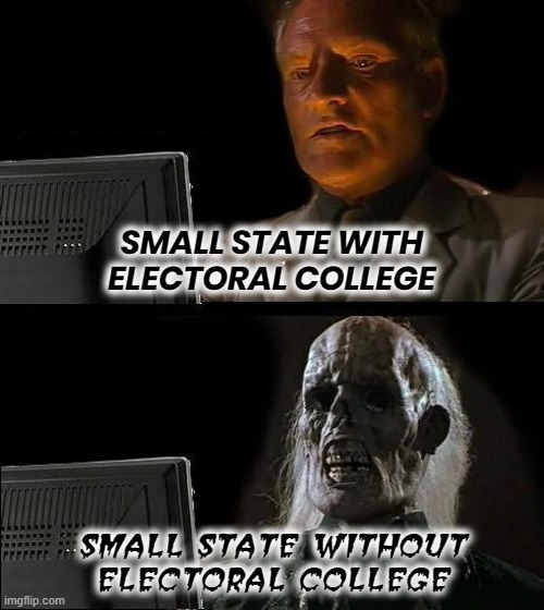 LITTLE STATES LOVE ELECTORAL COLLEGE | SMALL STATE WITH ELECTORAL COLLEGE; SMALL STATE WITHOUT
ELECTORAL COLLEGE | image tagged in electoral college,constitution,american,democracy,voice,little brother | made w/ Imgflip meme maker