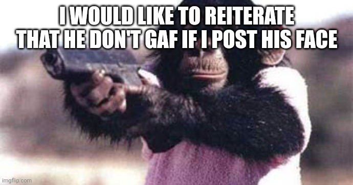 monkey crashout | I WOULD LIKE TO REITERATE THAT HE DON'T GAF IF I POST HIS FACE | image tagged in monkey crashout | made w/ Imgflip meme maker