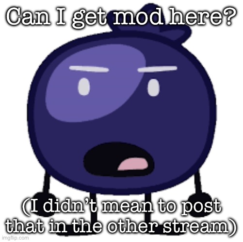 Displeased blueberry | Can I get mod here? (I didn’t mean to post that in the other stream) | image tagged in displeased blueberry | made w/ Imgflip meme maker