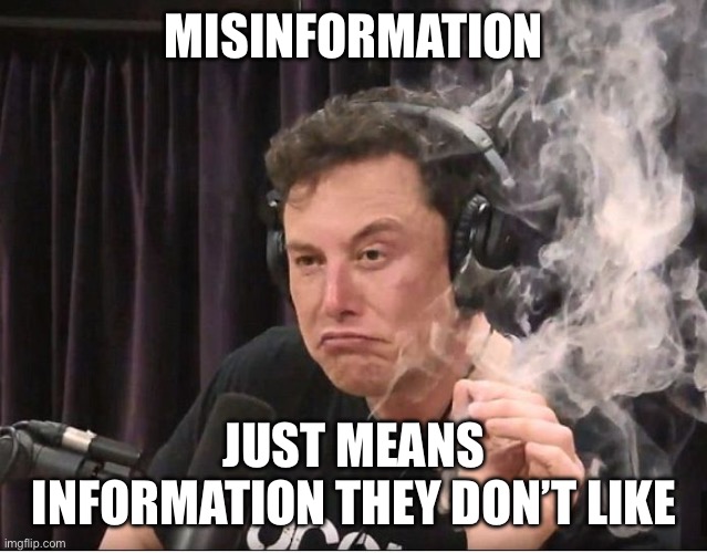 Elon Musk smoking a joint | MISINFORMATION; JUST MEANS INFORMATION THEY DON’T LIKE | image tagged in elon musk smoking a joint | made w/ Imgflip meme maker