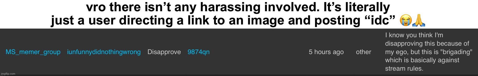 Posting brigading images with links where you are designating a target “AND” they are being harassed. (Nobody was harassed) | vro there isn’t any harassing involved. It’s literally just a user directing a link to an image and posting “idc” 😭🙏 | made w/ Imgflip meme maker