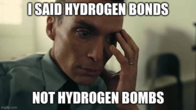 I should be doing my biology hw rn :skull: | I SAID HYDROGEN BONDS; NOT HYDROGEN BOMBS | image tagged in oppenheimer | made w/ Imgflip meme maker