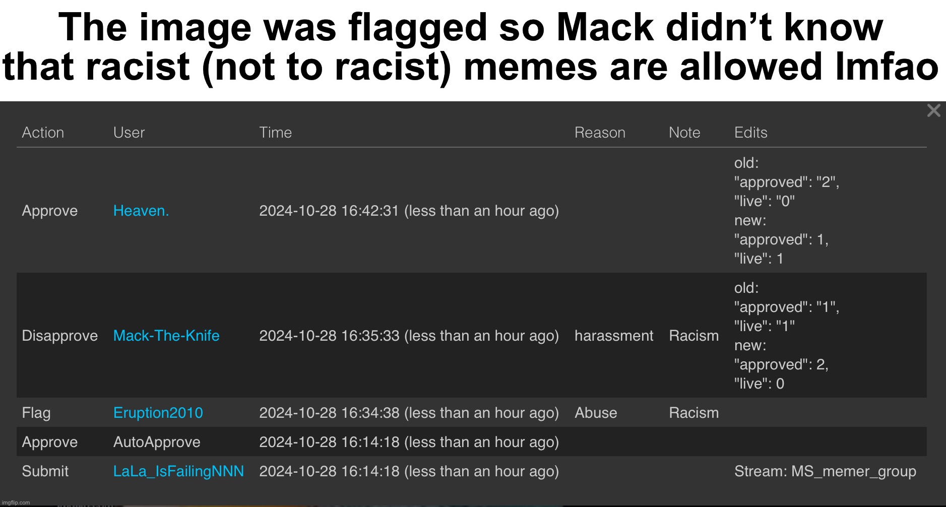 Y’all need to actually look at the meme and not just disapprove because of a flag | The image was flagged so Mack didn’t know that racist (not to racist) memes are allowed lmfao | made w/ Imgflip meme maker