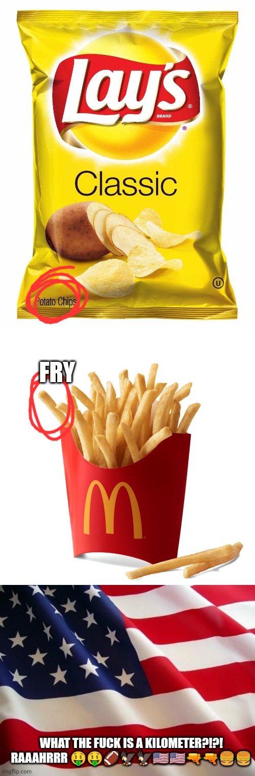 WHAT THE FUCK IS A KILOMETER?!?! RAAAHRRR ????????????? FRY | image tagged in lays chips,mcdonalds french fries,american flag | made w/ Imgflip meme maker