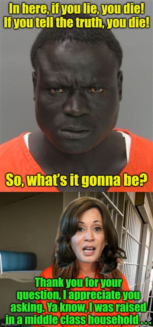 When Kamala’s go-to answer comes in handy | In here, if you lie, you die!
If you tell the truth, you die! So, what’s it gonna be? Thank you for your question, I appreciate you asking. Ya know, I was raised in a middle class household . . . | image tagged in misunderstood prison inmate,answer the question | made w/ Imgflip meme maker