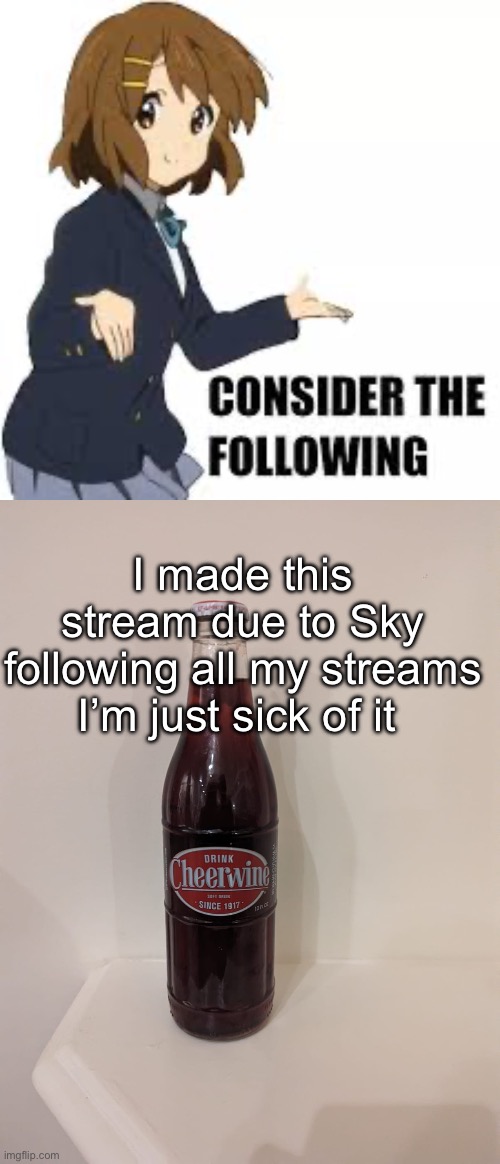 I made this stream due to Sky following all my streams I’m just sick of it | image tagged in consider the following,cheerwine | made w/ Imgflip meme maker