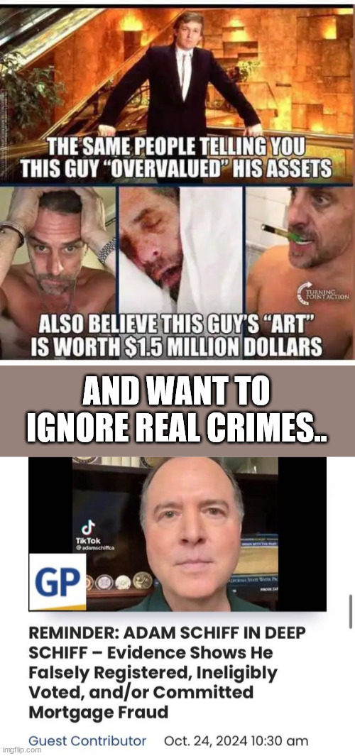 Made up charges against Trump vs actual democrat crimes | AND WANT TO IGNORE REAL CRIMES.. | image tagged in schiff,real crime,hunter,plead guilty,trump,bogus lawfare cases | made w/ Imgflip meme maker