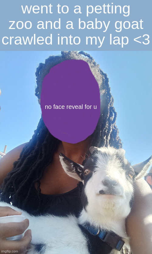 the goat was such a sweet baby | went to a petting zoo and a baby goat crawled into my lap <3; no face reveal for u | made w/ Imgflip meme maker