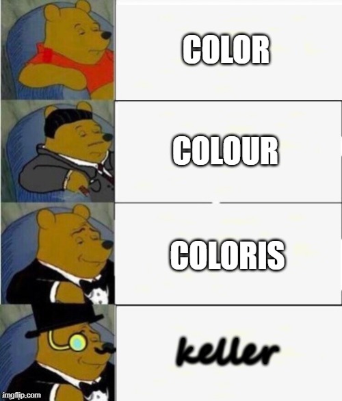 COLOR COLOUR COLORIS keller | image tagged in tuxedo winnie the pooh 4 panel | made w/ Imgflip meme maker