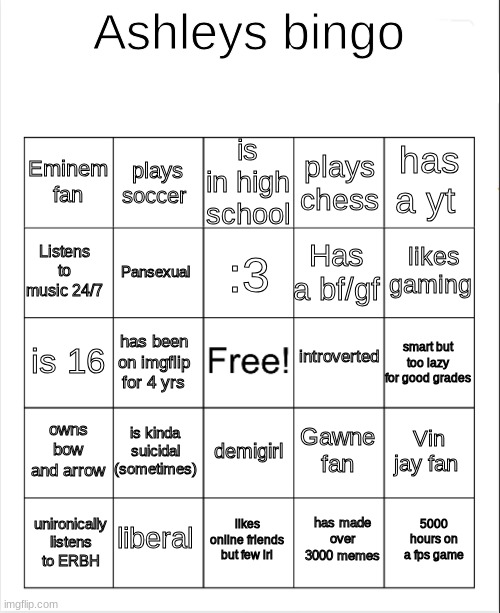 Blank Bingo | Ashleys bingo; is in high school; plays soccer; has a yt; Eminem fan; plays chess; likes gaming; :3; Listens to music 24/7; Has a bf/gf; Pansexual; introverted; is 16; smart but too lazy for good grades; has been on imgflip for 4 yrs; owns bow and arrow; is kinda suicidal (sometimes); Vin jay fan; Gawne fan; demigirl; unironically listens to ERBH; liberal; 5000 hours on a fps game; likes online friends but few irl; has made over 3000 memes | image tagged in blank bingo | made w/ Imgflip meme maker