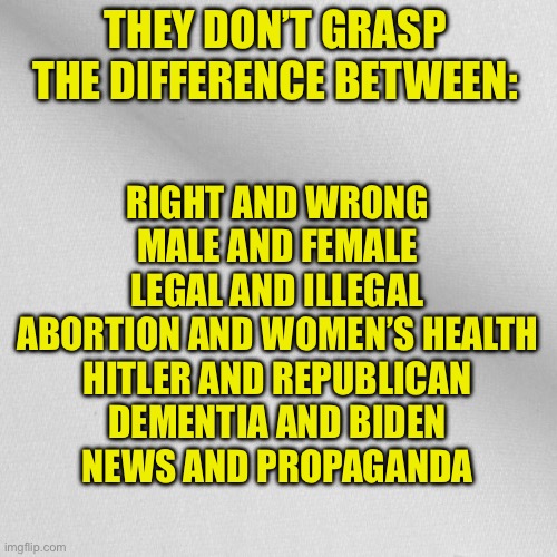 Blank | THEY DON’T GRASP THE DIFFERENCE BETWEEN: RIGHT AND WRONG
MALE AND FEMALE
LEGAL AND ILLEGAL
ABORTION AND WOMEN’S HEALTH
HITLER AND REPUBLICAN | image tagged in blank | made w/ Imgflip meme maker