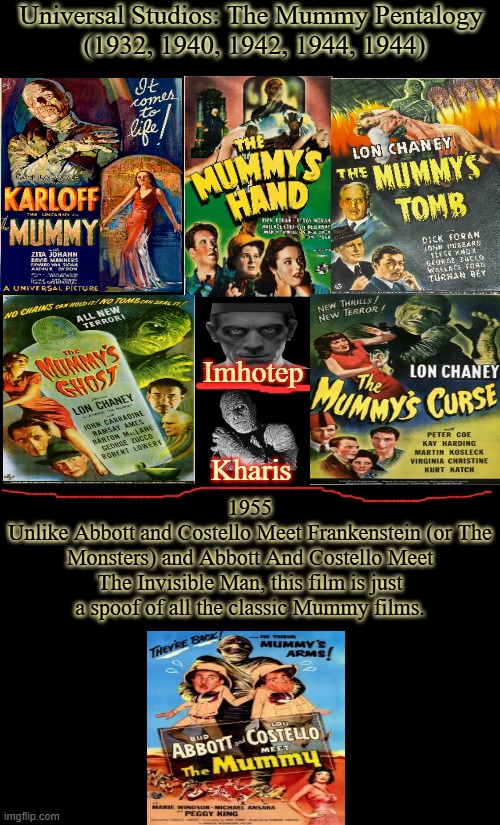 Universal's The Mummy Pentalogy | Universal Studios: The Mummy Pentalogy 
(1932, 1940, 1942, 1944, 1944); Imhotep; Kharis; 1955
Unlike Abbott and Costello Meet Frankenstein (or The Monsters) and Abbott And Costello Meet The Invisible Man, this film is just a spoof of all the classic Mummy films. | image tagged in the mummy,imhotep,boris karloff,tom tyler,lon chaney jr,abbott and costello and eddie parker | made w/ Imgflip meme maker