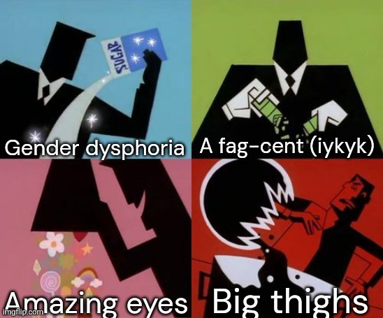 Powerpuff Girls Creation | Gender dysphoria A fag-cent (iykyk) Amazing eyes Big thighs | image tagged in powerpuff girls creation | made w/ Imgflip meme maker