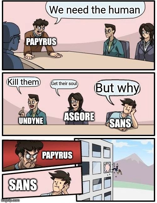 Boardroom Meeting Suggestion | We need the human; PAPYRUS; Kill them; Get their soul; But why; ASGORE; UNDYNE; SANS; PAPYRUS; SANS | image tagged in memes,boardroom meeting suggestion,undertale,sans,undyne,asgore | made w/ Imgflip meme maker