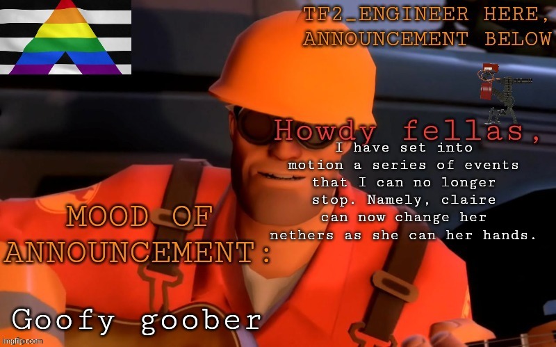 Atleast I am better known now? | I have set into motion a series of events that I can no longer stop. Namely, claire can now change her nethers as she can her hands. Goofy goober | image tagged in tf2_engineer's updated ann template | made w/ Imgflip meme maker