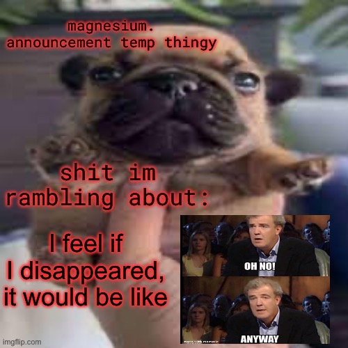 1 second to be sad then back to shit assing | I feel if I disappeared, it would be like | image tagged in pug temp | made w/ Imgflip meme maker