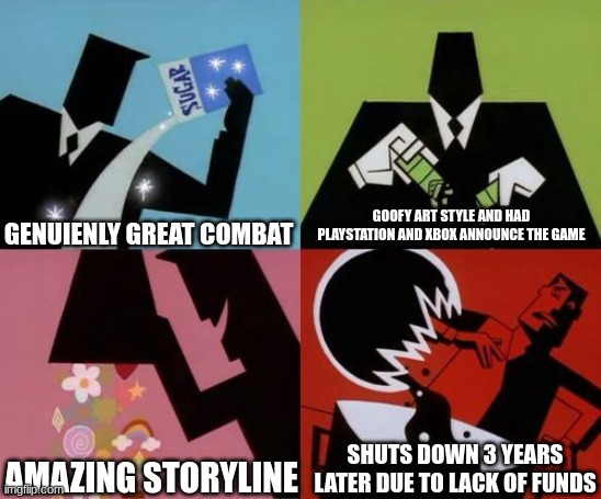 nobody knows what game im talking about | GENUIENLY GREAT COMBAT; GOOFY ART STYLE AND HAD PLAYSTATION AND XBOX ANNOUNCE THE GAME; AMAZING STORYLINE; SHUTS DOWN 3 YEARS LATER DUE TO LACK OF FUNDS | image tagged in powerpuff girls creation | made w/ Imgflip meme maker