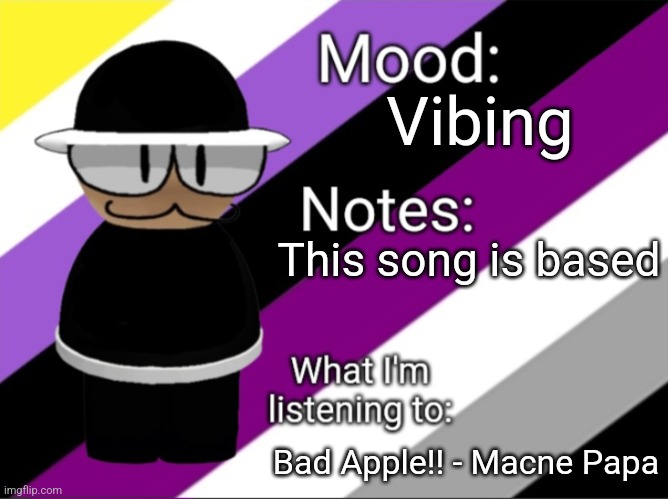 Even though his cover is Bad Apple (by nomico) is based, it isn't as good as Daniel C's cover | Vibing; This song is based; Bad Apple!! - Macne Papa | image tagged in benoitx's lgbtq announcement temp | made w/ Imgflip meme maker