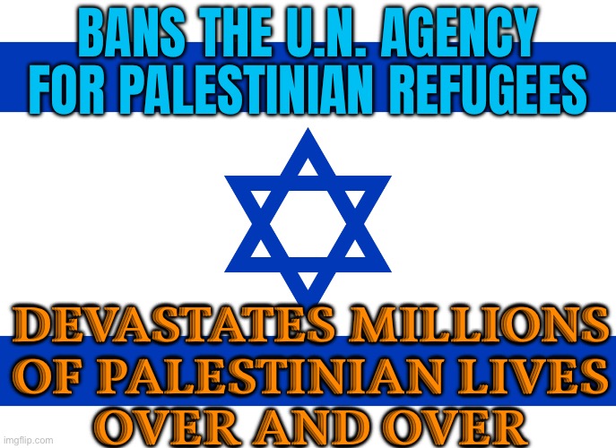 Israel bans UN aid agency | BANS THE U.N. AGENCY FOR PALESTINIAN REFUGEES; DEVASTATES MILLIONS OF PALESTINIAN LIVES
OVER AND OVER | image tagged in israel flag,palestine,religion,genocide,breaking news,middle east | made w/ Imgflip meme maker