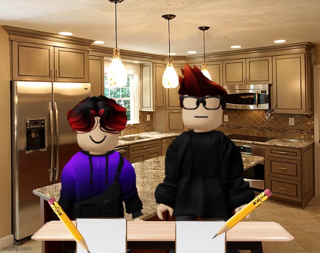 MC and William are writing down their dislikes. | image tagged in kitchen,mc,william,writing,right handed,left handed | made w/ Imgflip meme maker