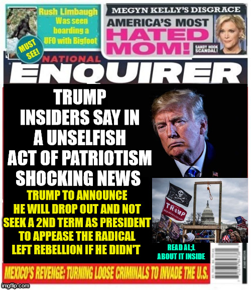 National enquirer Trump to announce he is dropping out | TRUMP INSIDERS SAY IN A UNSELFISH ACT OF PATRIOTISM SHOCKING NEWS; TRUMP TO ANNOUNCE HE WILL DROP OUT AND NOT SEEK A 2ND TERM AS PRESIDENT TO APPEASE THE RADICAL LEFT REBELLION IF HE DIDN'T; READ AL;L ABOUT IT INSIDE | image tagged in national enquirer trump is dropping out,political patriot,america first,maga mournful,trump trunciated,it will be mild | made w/ Imgflip meme maker