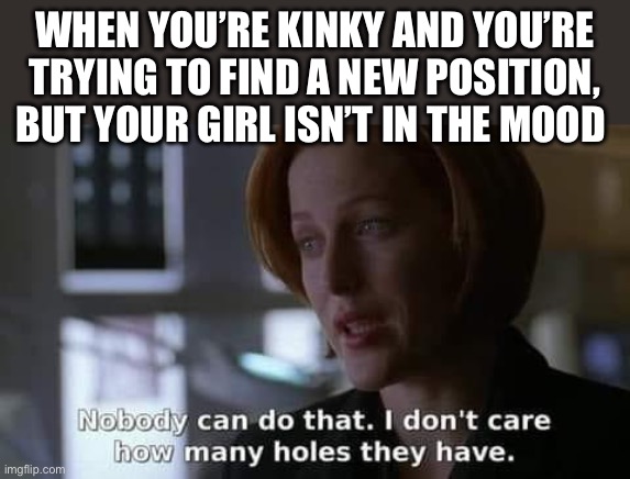 WHEN YOU’RE KINKY AND YOU’RE TRYING TO FIND A NEW POSITION, BUT YOUR GIRL ISN’T IN THE MOOD | image tagged in xfiles,sex,kinky | made w/ Imgflip meme maker