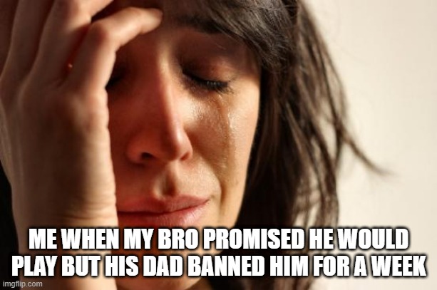 :( | ME WHEN MY BRO PROMISED HE WOULD PLAY BUT HIS DAD BANNED HIM FOR A WEEK | image tagged in memes,first world problems | made w/ Imgflip meme maker