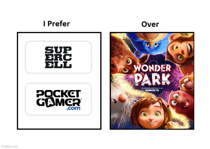 I Prefer Supercell and PocketGamer.com Over Wonder Park | image tagged in memes | made w/ Imgflip meme maker