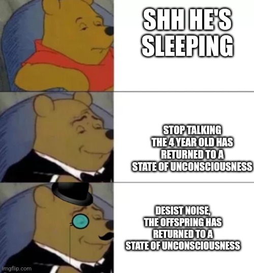 fancy winnie the pooh | SHH HE'S SLEEPING STOP TALKING THE 4 YEAR OLD HAS RETURNED TO A STATE OF UNCONSCIOUSNESS DESIST NOISE, THE OFFSPRING HAS RETURNED TO A STATE | image tagged in fancy winnie the pooh | made w/ Imgflip meme maker