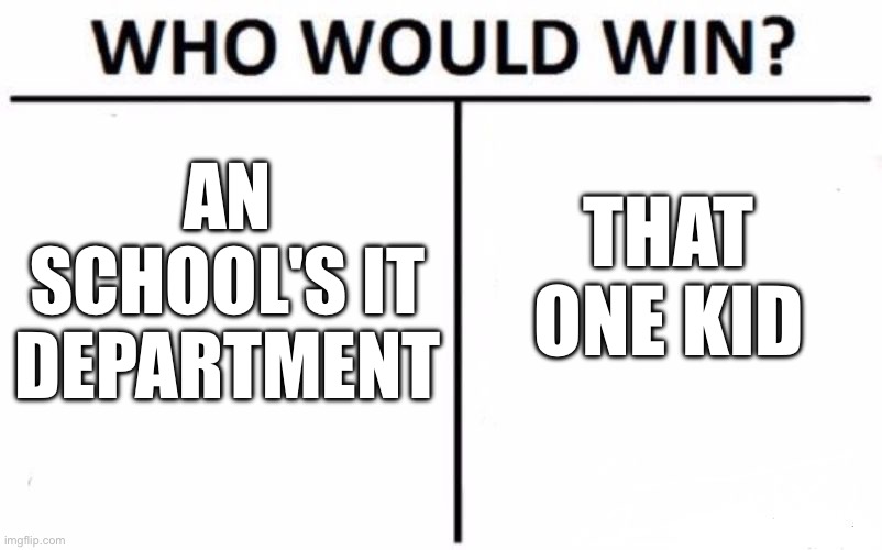 Who Would Win? | AN SCHOOL'S IT DEPARTMENT; THAT ONE KID | image tagged in memes,who would win | made w/ Imgflip meme maker