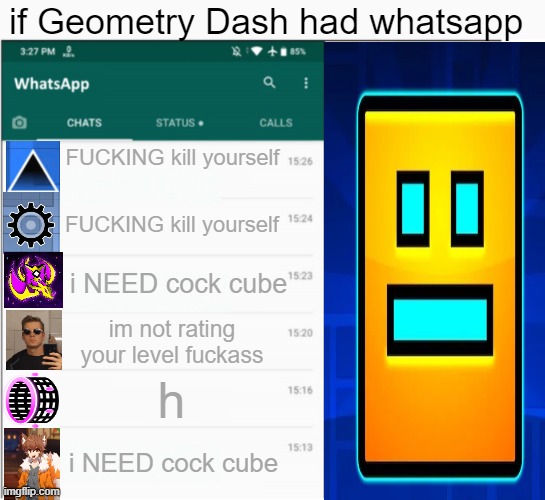 geometry | if Geometry Dash had whatsapp; FUCKING kill yourself; FUCKING kill yourself; i NEED cock cube; im not rating your level fuckass; h; i NEED cock cube | image tagged in if x had whatsapp | made w/ Imgflip meme maker