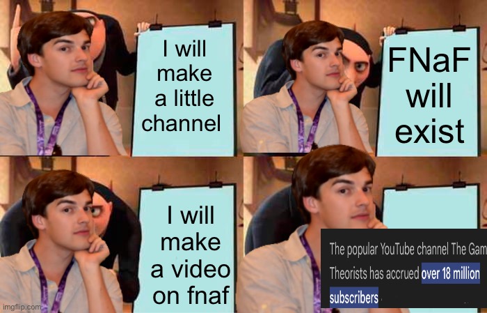 Gru's Plan | I will make a little channel; FNaF will exist; I will make a video on fnaf | image tagged in memes,gru's plan | made w/ Imgflip meme maker