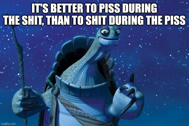 Master Oogway | IT'S BETTER TO PISS DURING THE SHIT, THAN TO SHIT DURING THE PISS | image tagged in master oogway | made w/ Imgflip meme maker