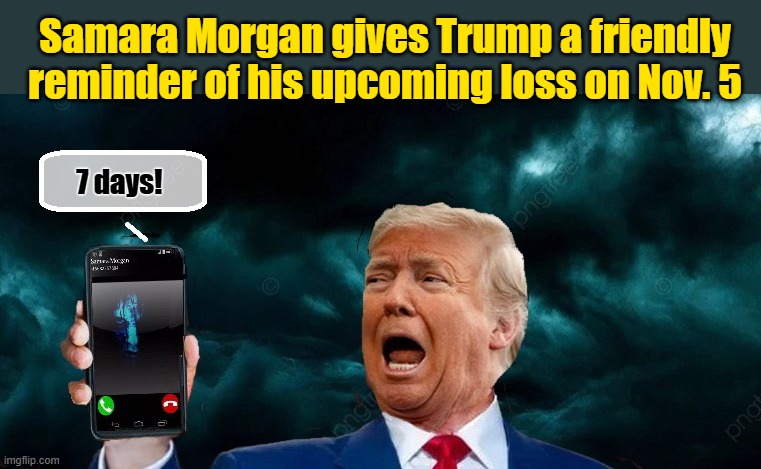Hannibal Lecter was busy so he got the girl from THE RING to make the call.... | Samara Morgan gives Trump a friendly reminder of his upcoming loss on Nov. 5; 7 days! | image tagged in donald trump memes,donald trump the clown,donald trump is an idiot,political humor | made w/ Imgflip meme maker