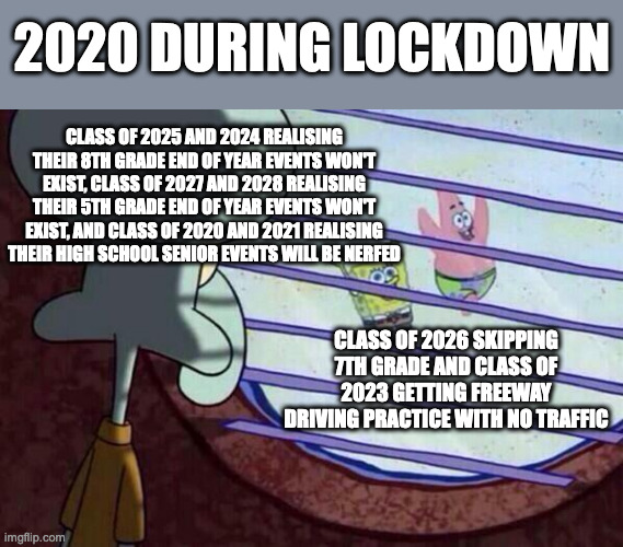 2020 be like | 2020 DURING LOCKDOWN; CLASS OF 2025 AND 2024 REALISING THEIR 8TH GRADE END OF YEAR EVENTS WON'T EXIST, CLASS OF 2027 AND 2028 REALISING THEIR 5TH GRADE END OF YEAR EVENTS WON'T EXIST, AND CLASS OF 2020 AND 2021 REALISING THEIR HIGH SCHOOL SENIOR EVENTS WILL BE NERFED; CLASS OF 2026 SKIPPING 7TH GRADE AND CLASS OF 2023 GETTING FREEWAY DRIVING PRACTICE WITH NO TRAFFIC | image tagged in squidward window | made w/ Imgflip meme maker