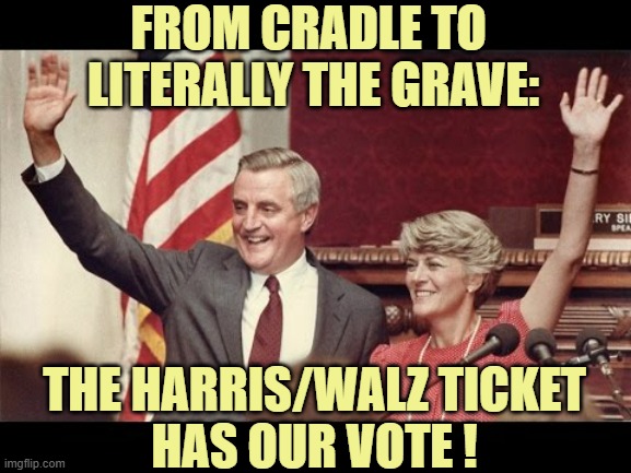 The CRITICAL MINNESOTA CEMETERY Mondale/Ferraro Vote GOES THE RIGHT WAY ! | FROM CRADLE TO 
LITERALLY THE GRAVE:; THE HARRIS/WALZ TICKET
HAS OUR VOTE ! | image tagged in mondale geraldine ferraro,cemetery,i see dead people,voter fraud,politics,kamala harris | made w/ Imgflip meme maker