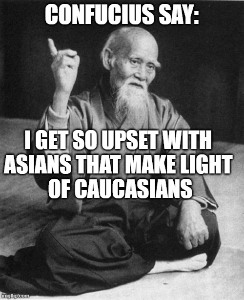 Wise Master | CONFUCIUS SAY: I GET SO UPSET WITH 
ASIANS THAT MAKE LIGHT 
OF CAUCASIANS | image tagged in wise master | made w/ Imgflip meme maker