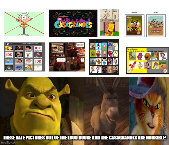 Shrek, Donkey, and Puss in Boots hates JAH99's arts | THESE HATE PICTURES OUT OF THE LOUD HOUSE AND THE CASAGRANDES ARE HORRIBLE! | image tagged in shrek,jah99 sucks | made w/ Imgflip meme maker