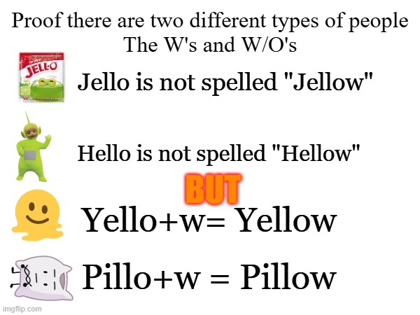 I have questions | Proof there are two different types of people
The W's and W/O's; Jello is not spelled "Jellow"; Hello is not spelled "Hellow"; BUT; Yello+w= Yellow; Pillo+w = Pillow | image tagged in late night paranoia,too damn high,wordplay,the meaning of life | made w/ Imgflip meme maker