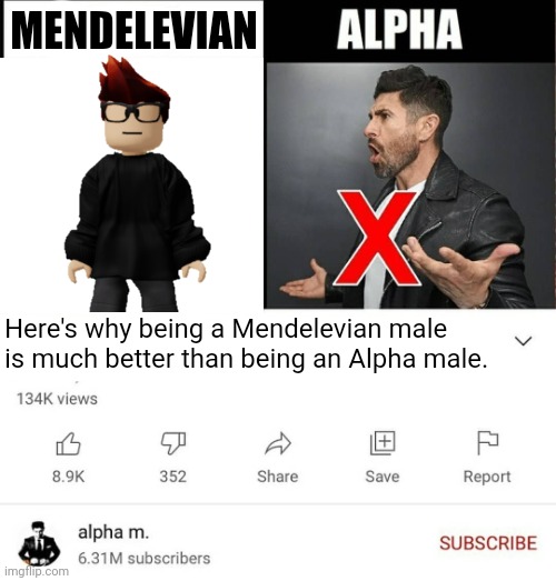 Mendelevian males can be anything. Real males can be too! Even any female can be anything. | MENDELEVIAN; Here's why being a Mendelevian male is much better than being an Alpha male. | image tagged in 15 signs you're a sigma male is it better than alpha,male,sigma male,memes,mc | made w/ Imgflip meme maker