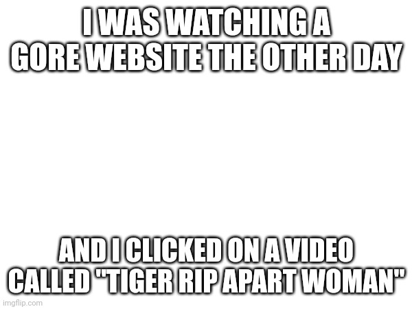 It was just a small cat with tiger stripes meowing near its owner | I WAS WATCHING A GORE WEBSITE THE OTHER DAY; AND I CLICKED ON A VIDEO CALLED "TIGER RIP APART WOMAN" | made w/ Imgflip meme maker