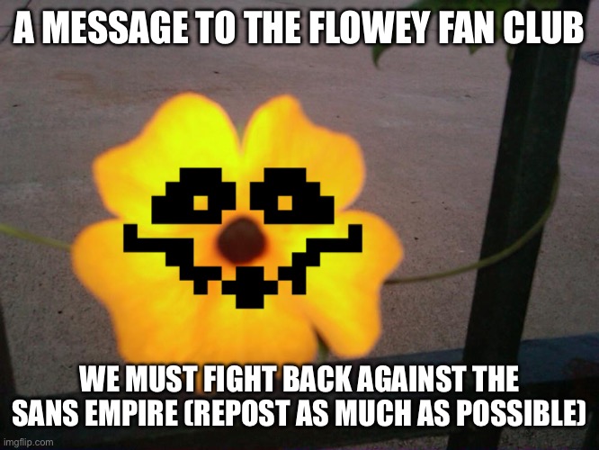 HeheheHAHAHaheheheheHAHAHAHAHAHA | A MESSAGE TO THE FLOWEY FAN CLUB; WE MUST FIGHT BACK AGAINST THE SANS EMPIRE (REPOST AS MUCH AS POSSIBLE) | image tagged in yellow contrast flower,flowey,fan,club,rebellion | made w/ Imgflip meme maker