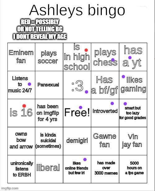 Ashley's bingo | RED = POSSIBLY OR NOT TELLING BC I DONT REVEAL MY AGE | image tagged in ashley's bingo | made w/ Imgflip meme maker