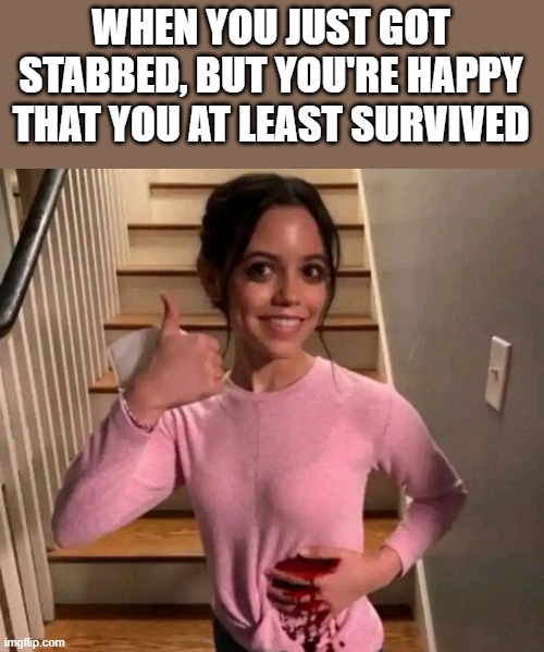 When You Just Got Stabbed | WHEN YOU JUST GOT STABBED, BUT YOU'RE HAPPY THAT YOU AT LEAST SURVIVED | image tagged in stabbed,scream,jenna ortega,blood,funny,memes | made w/ Imgflip meme maker