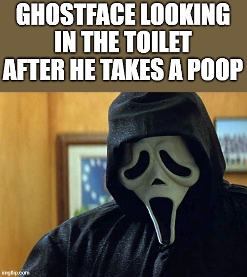 Ghostface After He Takes A Poop | GHOSTFACE LOOKING IN THE TOILET AFTER HE TAKES A POOP | image tagged in ghostface,scream,poop,mask,funny,memes | made w/ Imgflip meme maker