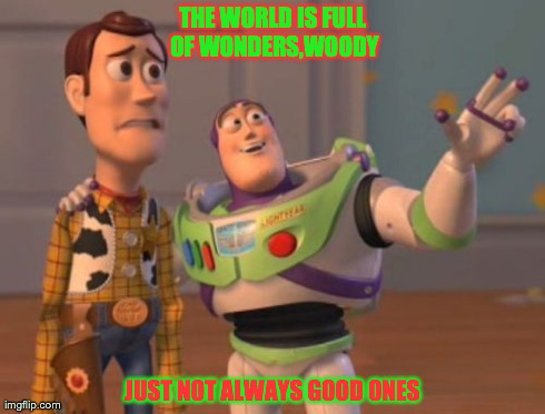 X, X Everywhere Meme | THE WORLD IS FULL OF WONDERS,WOODY JUST NOT ALWAYS GOOD ONES | image tagged in memes,x x everywhere | made w/ Imgflip meme maker