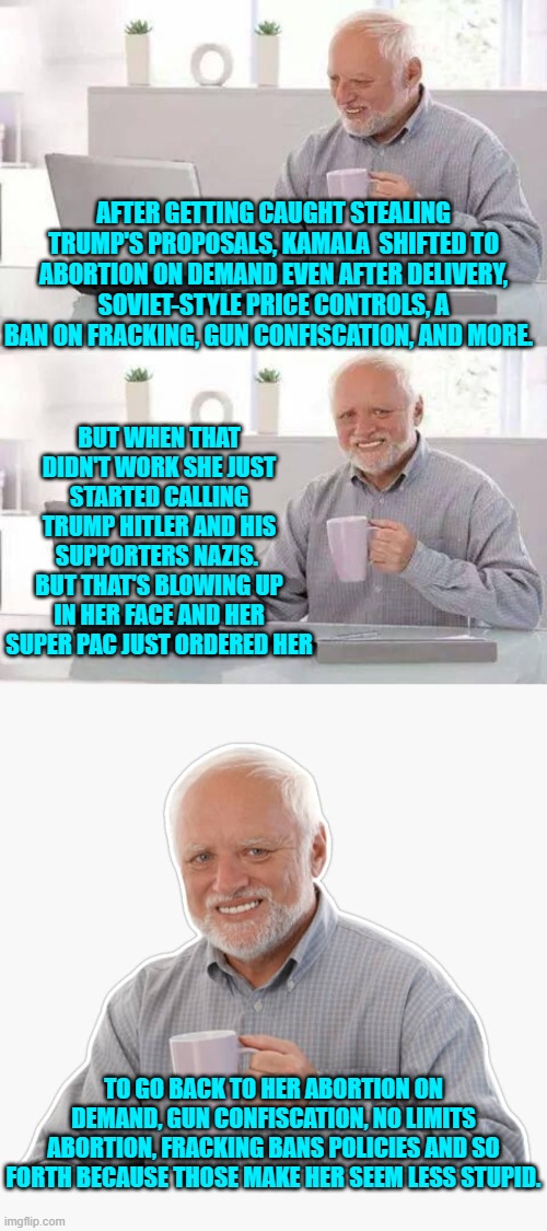 Kamala . . . the BEST the Dem Party has to offer. | AFTER GETTING CAUGHT STEALING TRUMP'S PROPOSALS, KAMALA  SHIFTED TO ABORTION ON DEMAND EVEN AFTER DELIVERY, SOVIET-STYLE PRICE CONTROLS, A BAN ON FRACKING, GUN CONFISCATION, AND MORE. BUT WHEN THAT DIDN'T WORK SHE JUST STARTED CALLING TRUMP HITLER AND HIS SUPPORTERS NAZIS.  BUT THAT'S BLOWING UP IN HER FACE AND HER SUPER PAC JUST ORDERED HER; TO GO BACK TO HER ABORTION ON DEMAND, GUN CONFISCATION, NO LIMITS ABORTION, FRACKING BANS POLICIES AND SO FORTH BECAUSE THOSE MAKE HER SEEM LESS STUPID. | image tagged in hide the pain harold | made w/ Imgflip meme maker